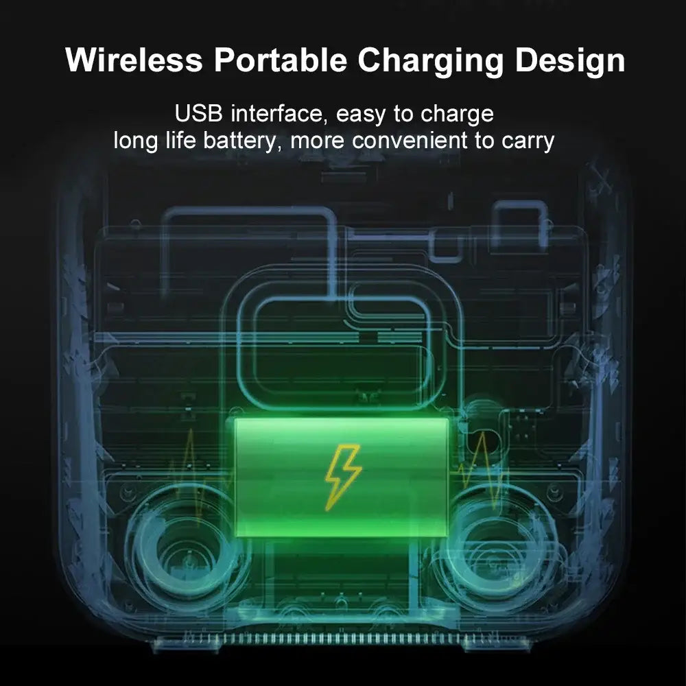 Glowing green battery icon with a lightning bolt symbol inside a wireframe outline of a portable charger.