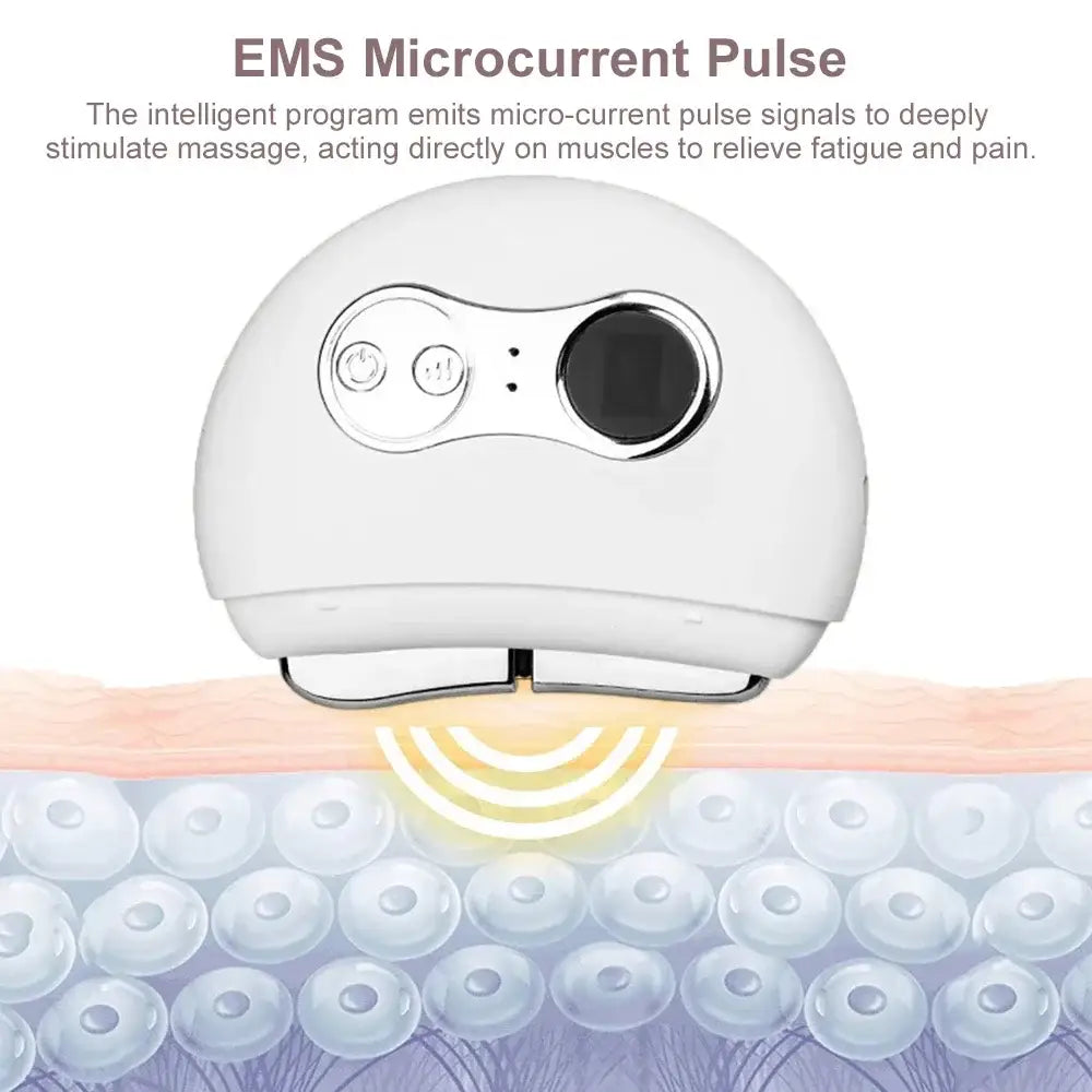 White, rounded electronic device with buttons and a circular display for EMS microcurrent pulse therapy.