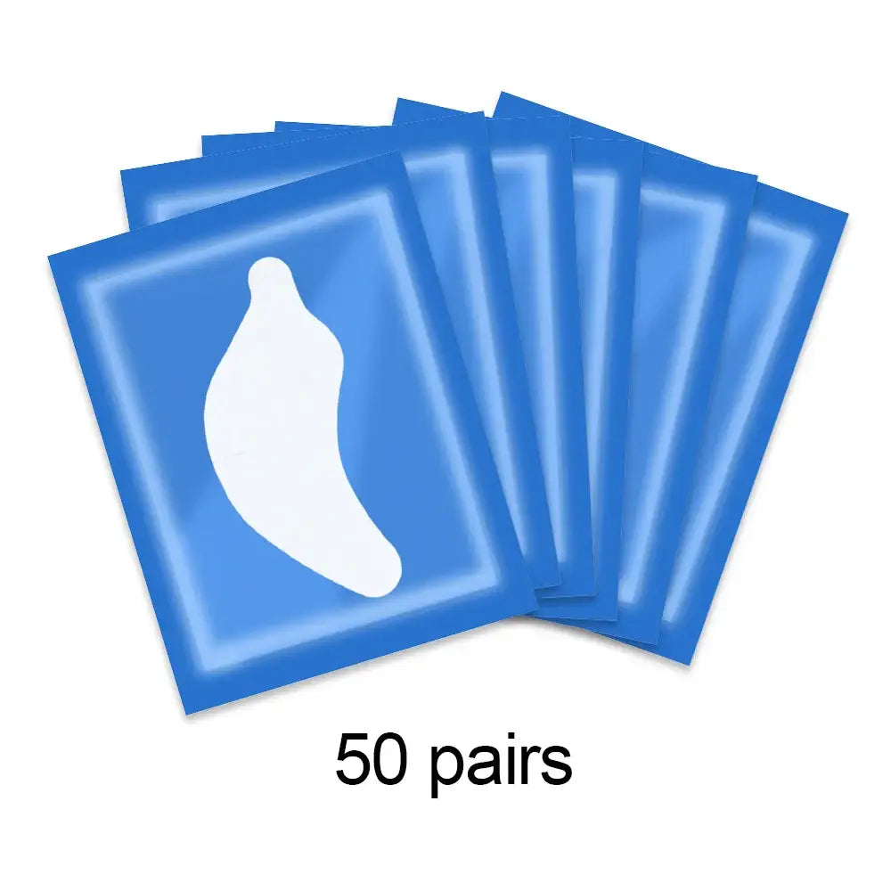 Blue gel eye patches with a banana-shaped cutout, labeled as 50 pairs.