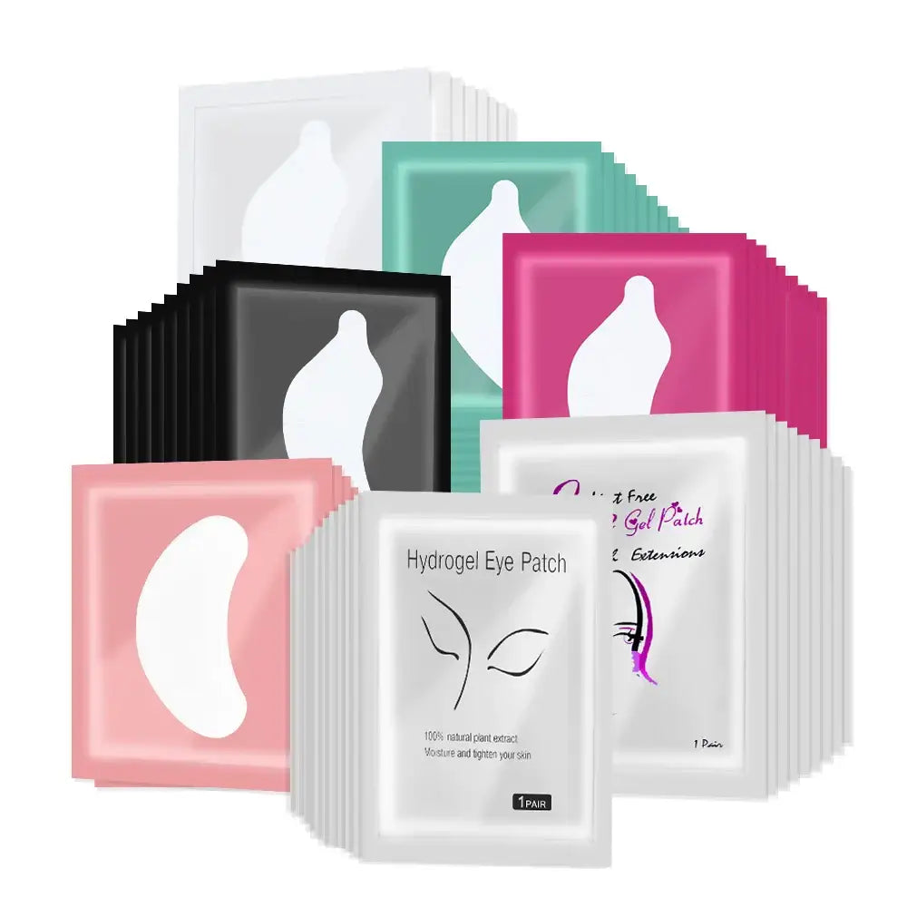 Collection of colorful eye mask and patch packages for skincare treatments.