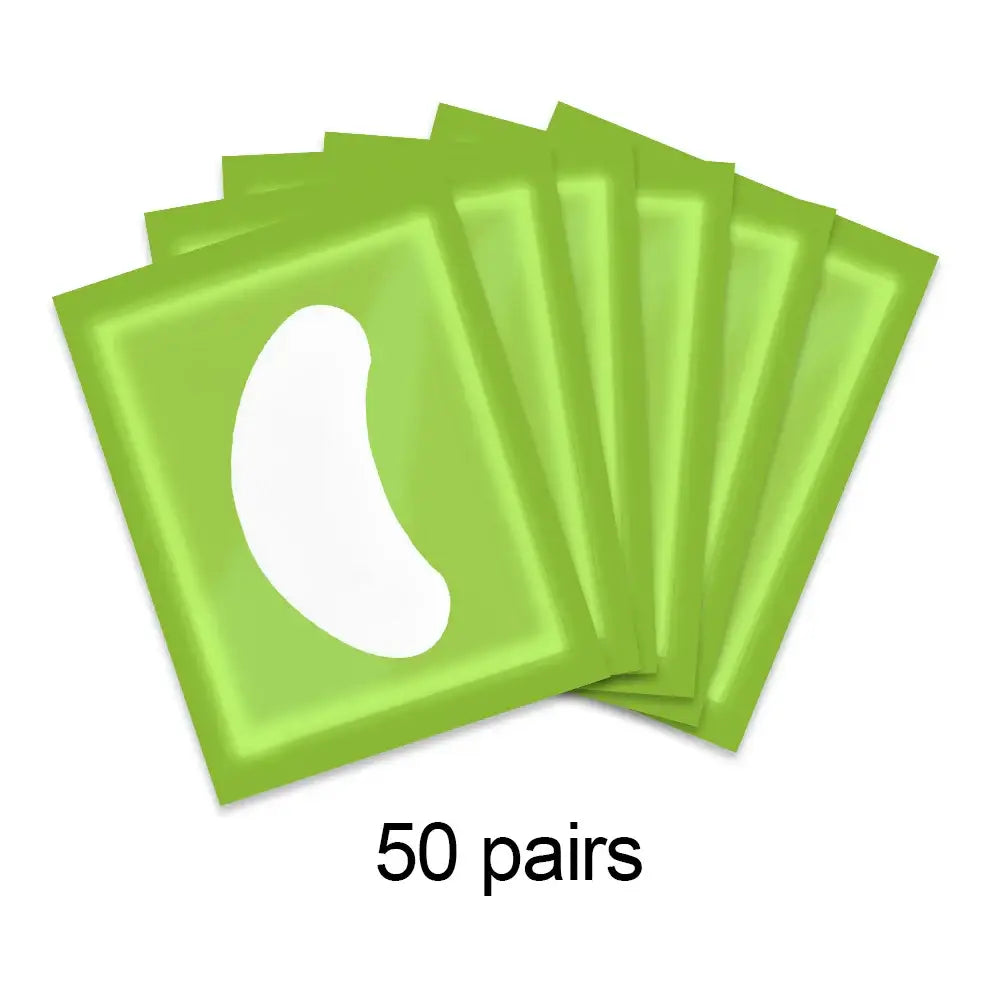 Green eye gel patches fanned out in a stack, labeled ’50 pairs’.