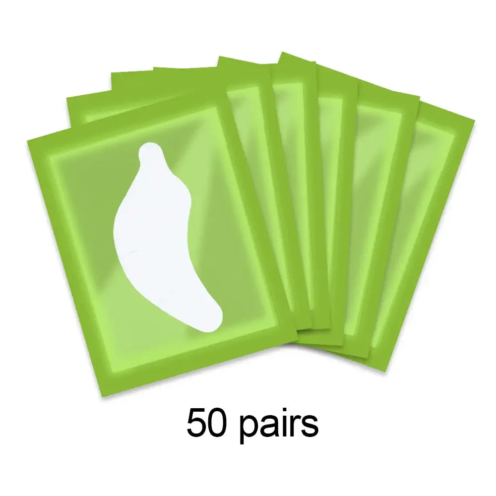 Green eye masks or patches with a banana-shaped cutout, labeled as ’50 pairs’.