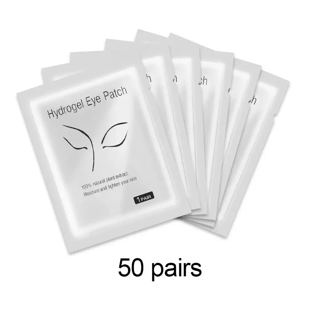 Hydrogel eye patches packaged in individual white sachets, with 50 pairs available.