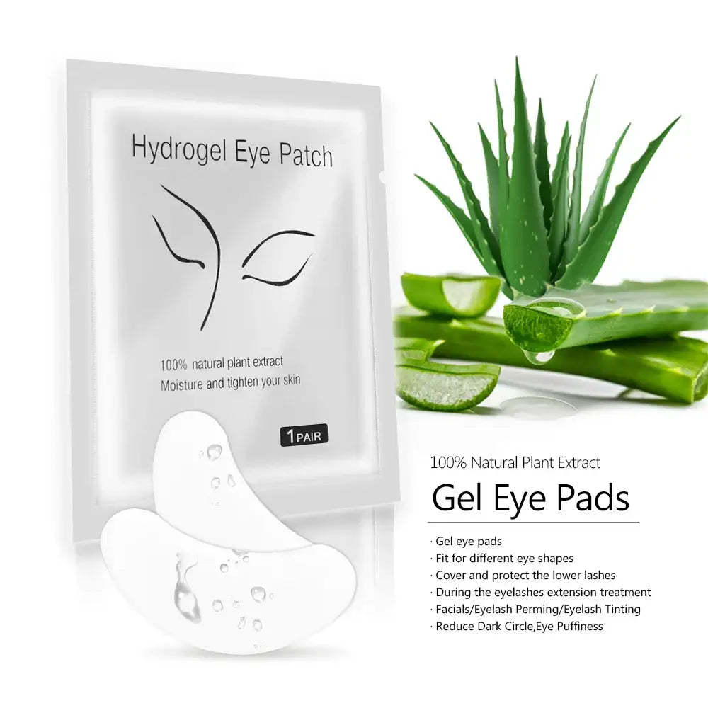 Hydrogel eye patch packet alongside aloe vera plant and gel eye pads.