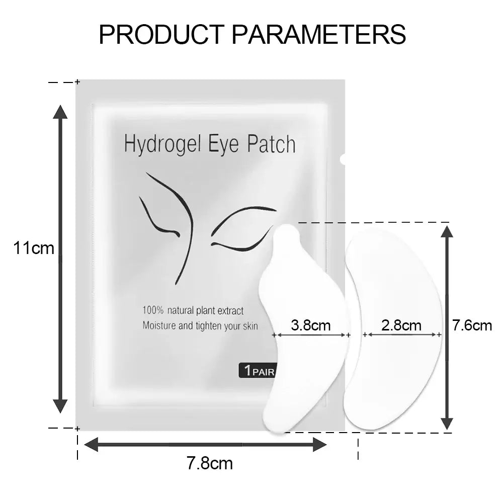 Hydrogel eye patch product with labeled dimensions and parameters.