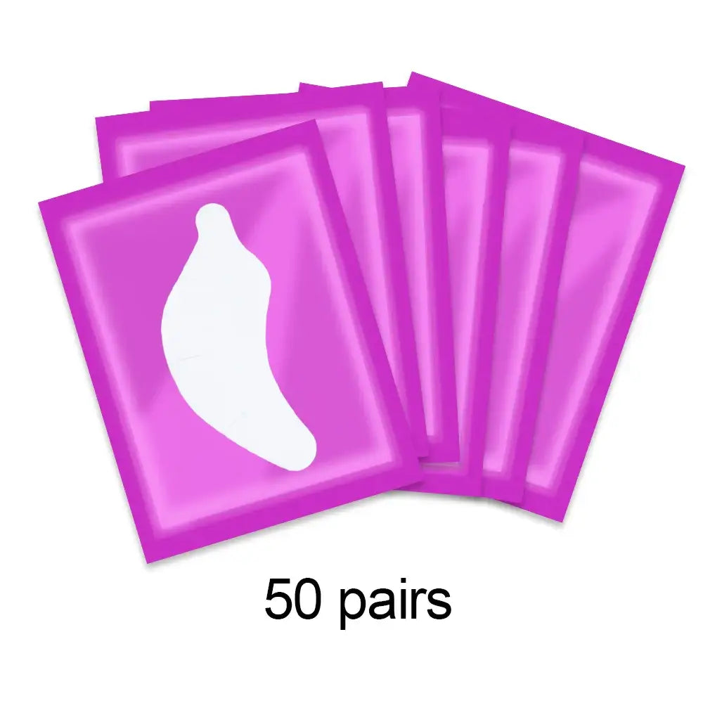 Purple face masks with a banana-shaped cutout, labeled ’50 pairs’.