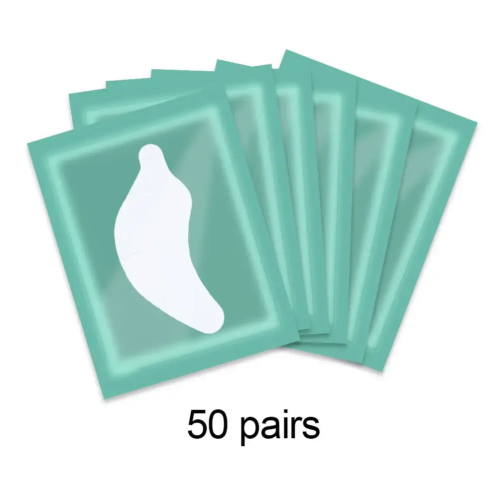 Teal-colored eye gel patches or masks in packaging, labeled as 50 pairs.