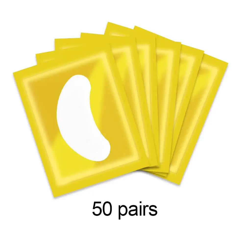 Yellow eye patches or gel pads, with text indicating ’50 pairs’ below.