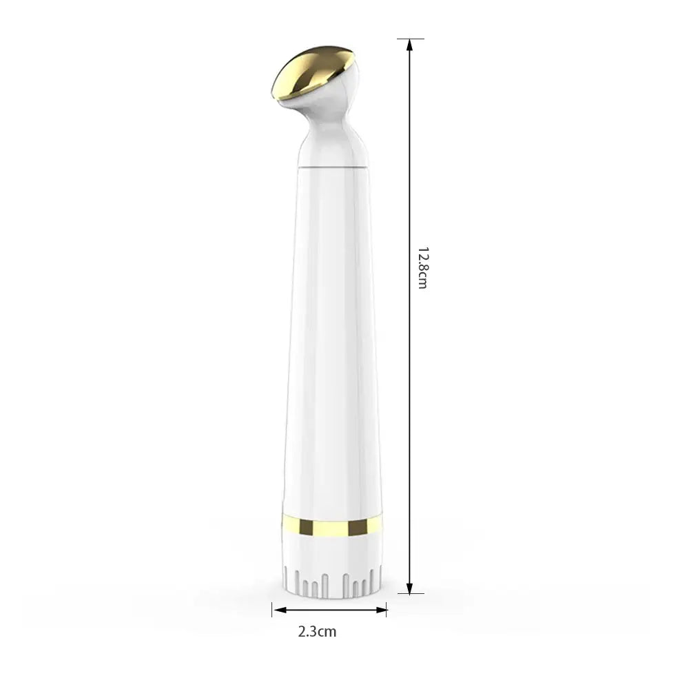 Sleek white cylindrical device with a gold-colored top and green accents near the base.