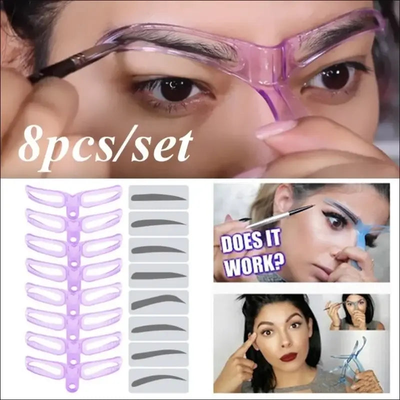 Eyebrow shaping stencil tool set with multiple templates and demonstration images.