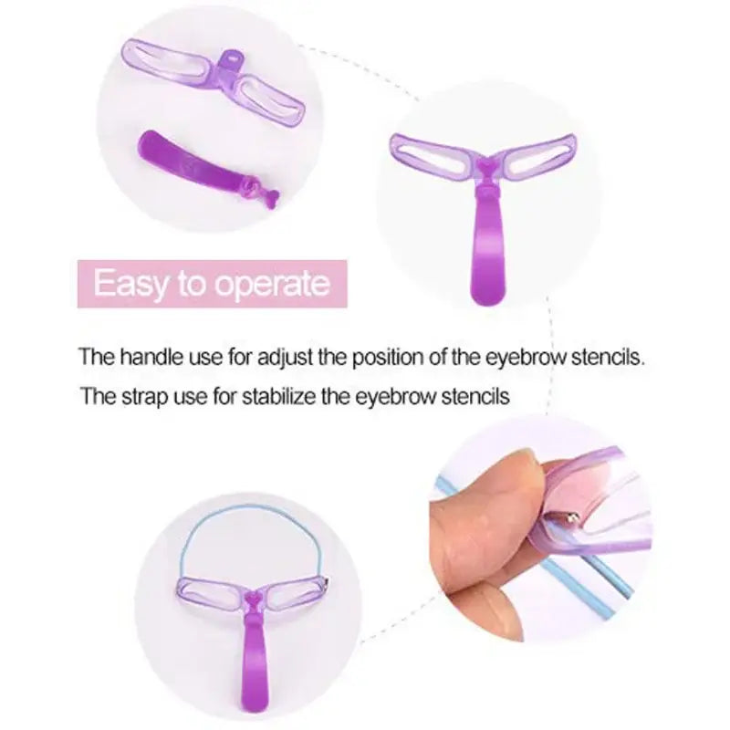 Eyebrow stencil tool with adjustable handle and strap for positioning and stabilizing.