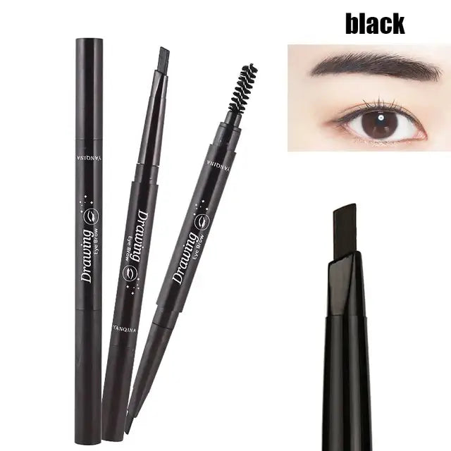 Black eyebrow pencil with dual ends for drawing and brushing.