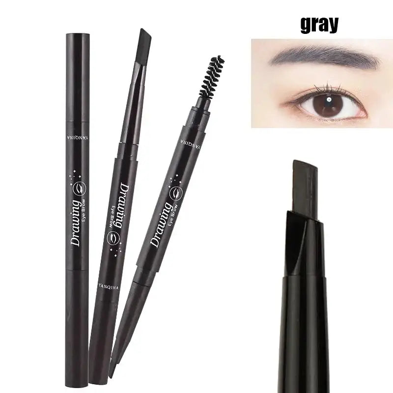 Eyebrow pencil with angled tip and spoolie brush on one end.