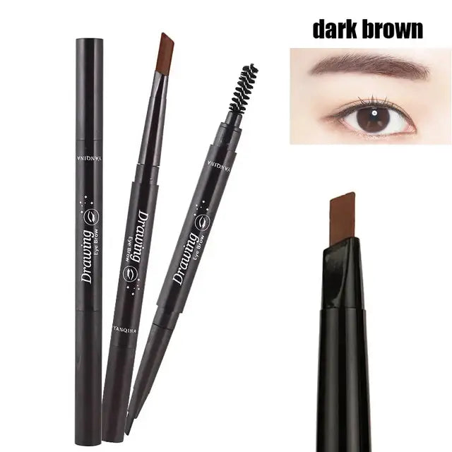 Eyebrow pencil with dual ends for drawing and brushing brows.