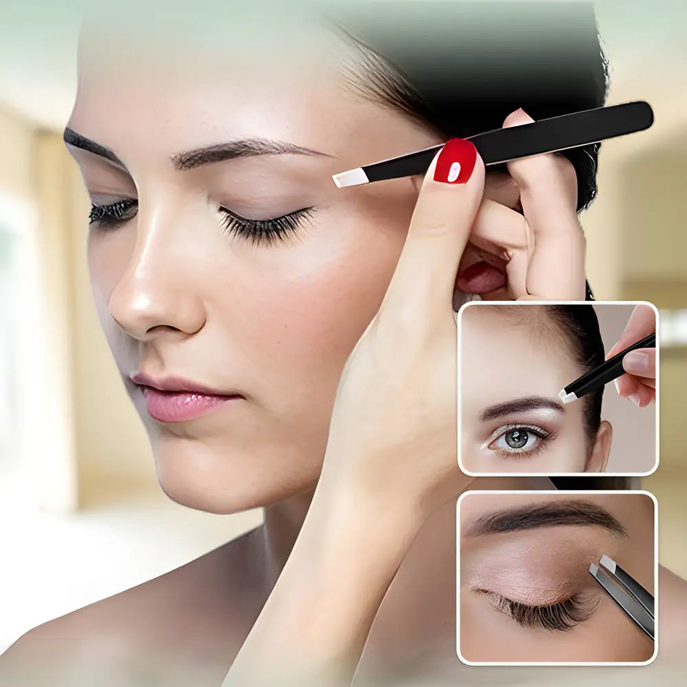 Woman applying eyebrow makeup using a small brush.