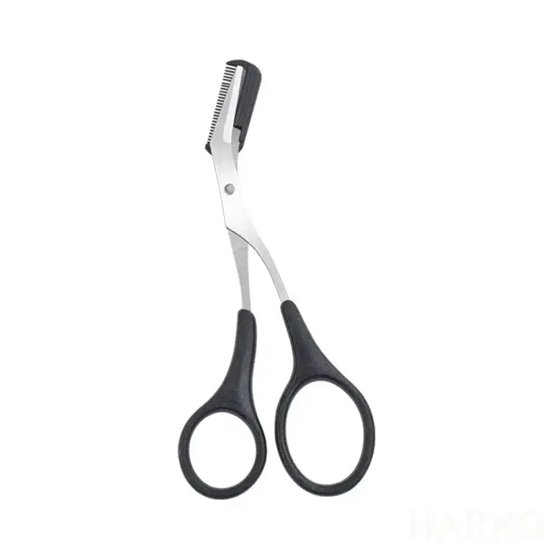 Eyebrow trimming scissors with a comb attachment.