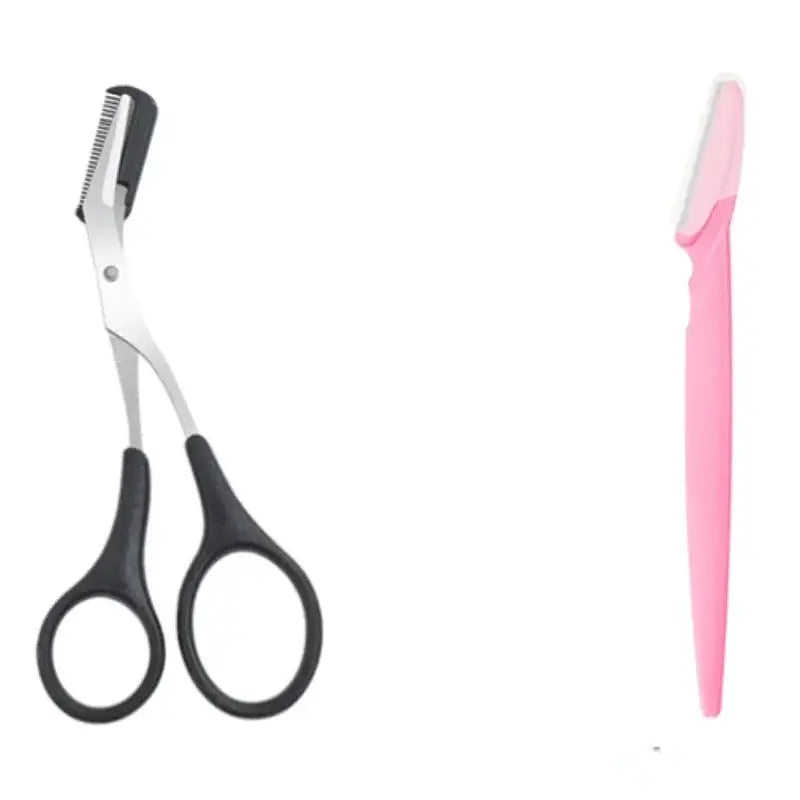 Grooming scissors and a pink razor or eyebrow trimmer.