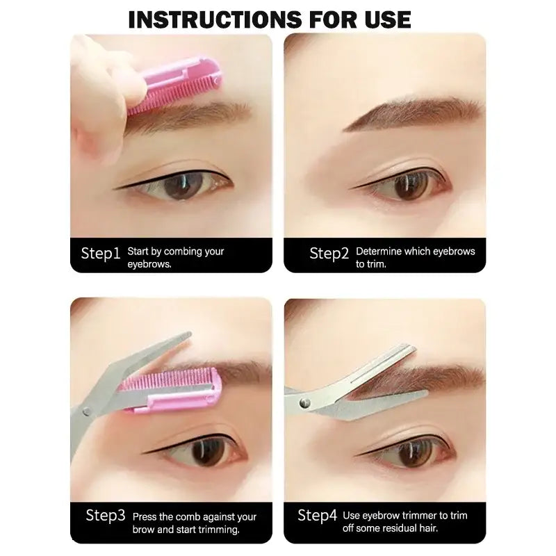 Instructional guide for eyebrow grooming using a specialized comb and trimmer tool.