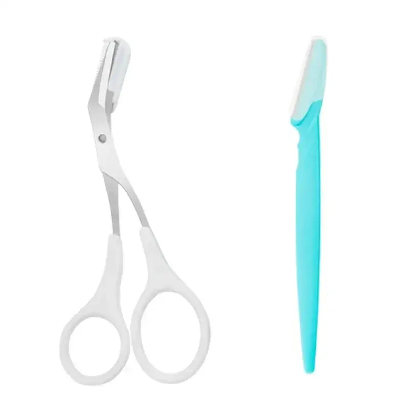 Pair of white scissors and a teal-colored razor.