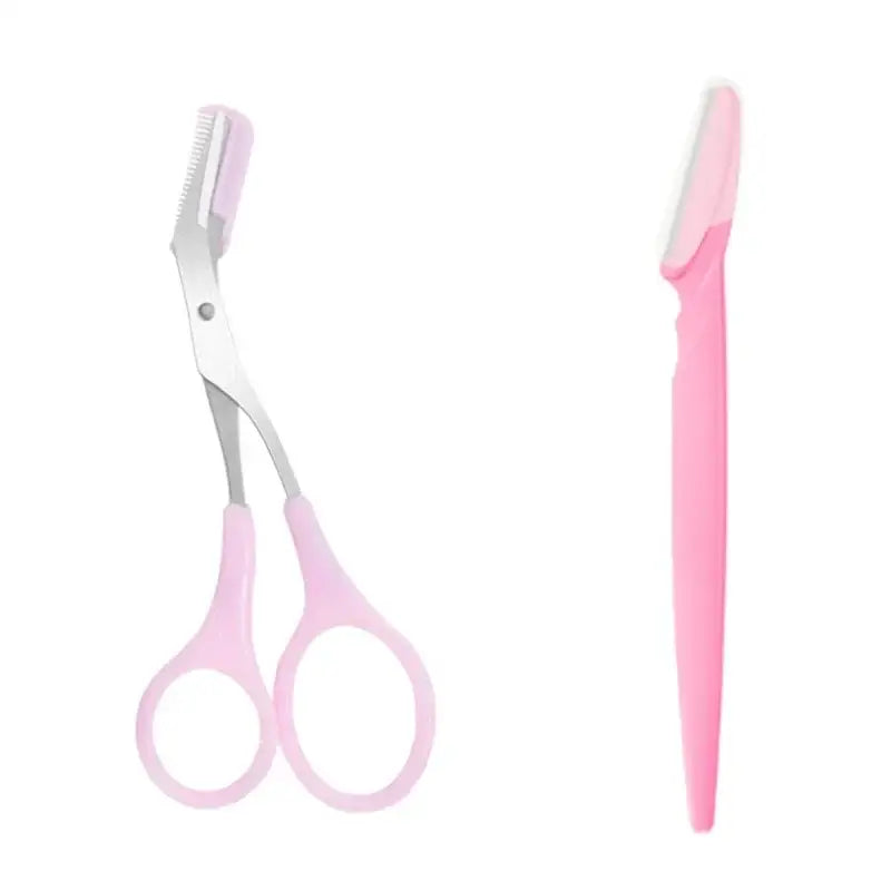 Pink-handled eyebrow scissors and a pink eyebrow razor.