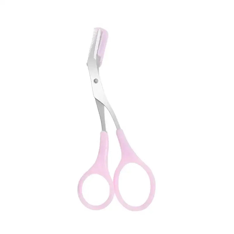 Pink-handled scissors with a white comb attachment.