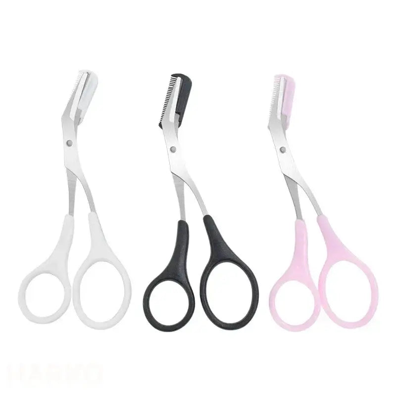 Three pairs of eyebrow scissors in white, black, and pink colors.