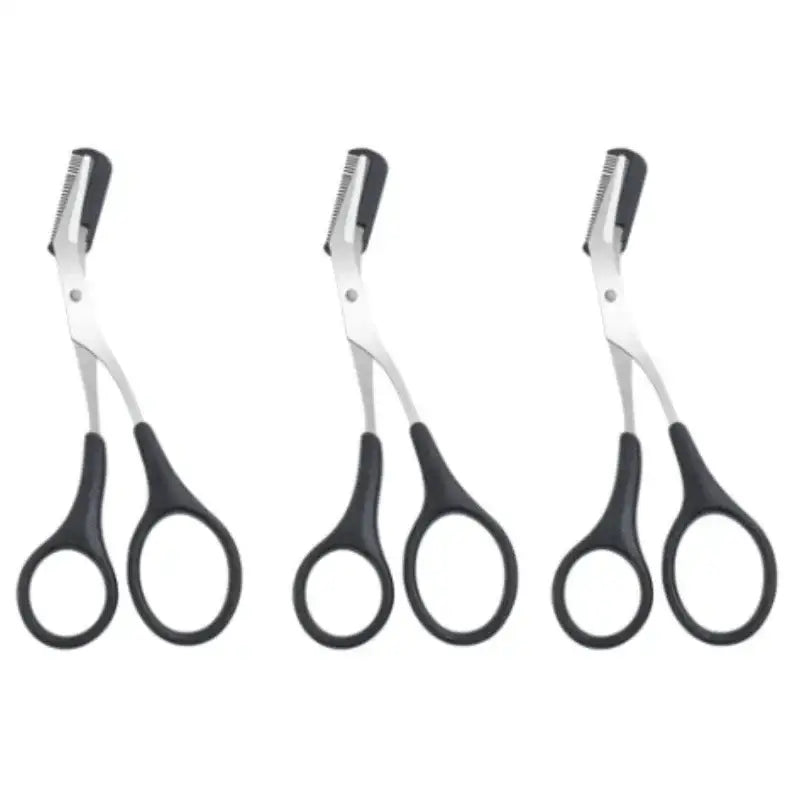 Three pairs of scissors with black handles and silver blades.