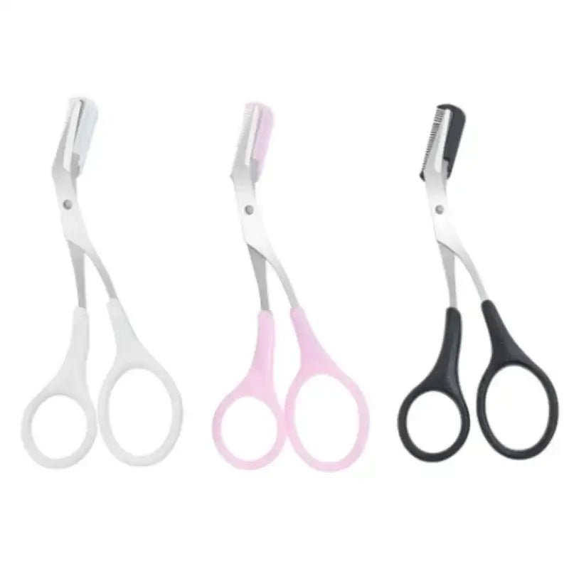 Three pairs of small scissors in white, pink, and black colors.