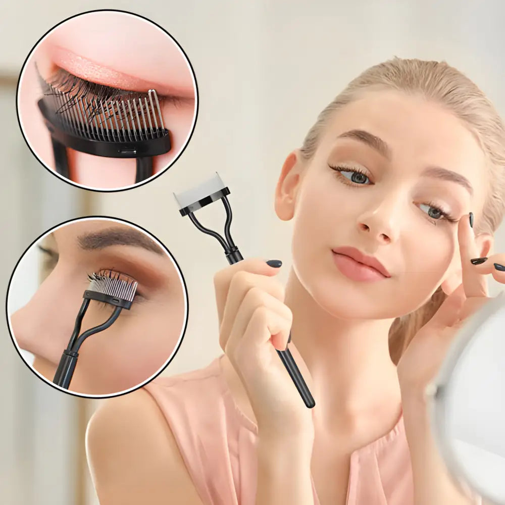 Eyelash comb and curler tool for applying mascara and grooming eyelashes.