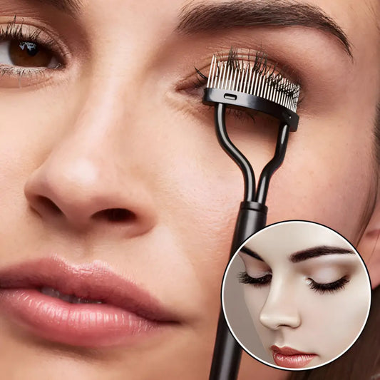 Eyelash curler being used on a person’s eyelashes.