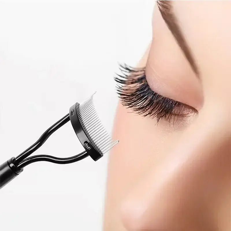 Eyelash curler being used on long, dark eyelashes.