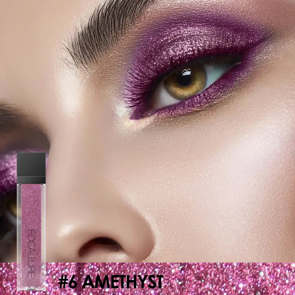 Close-up of an eye with vibrant purple eyeshadow and a matching glittery lip gloss product.