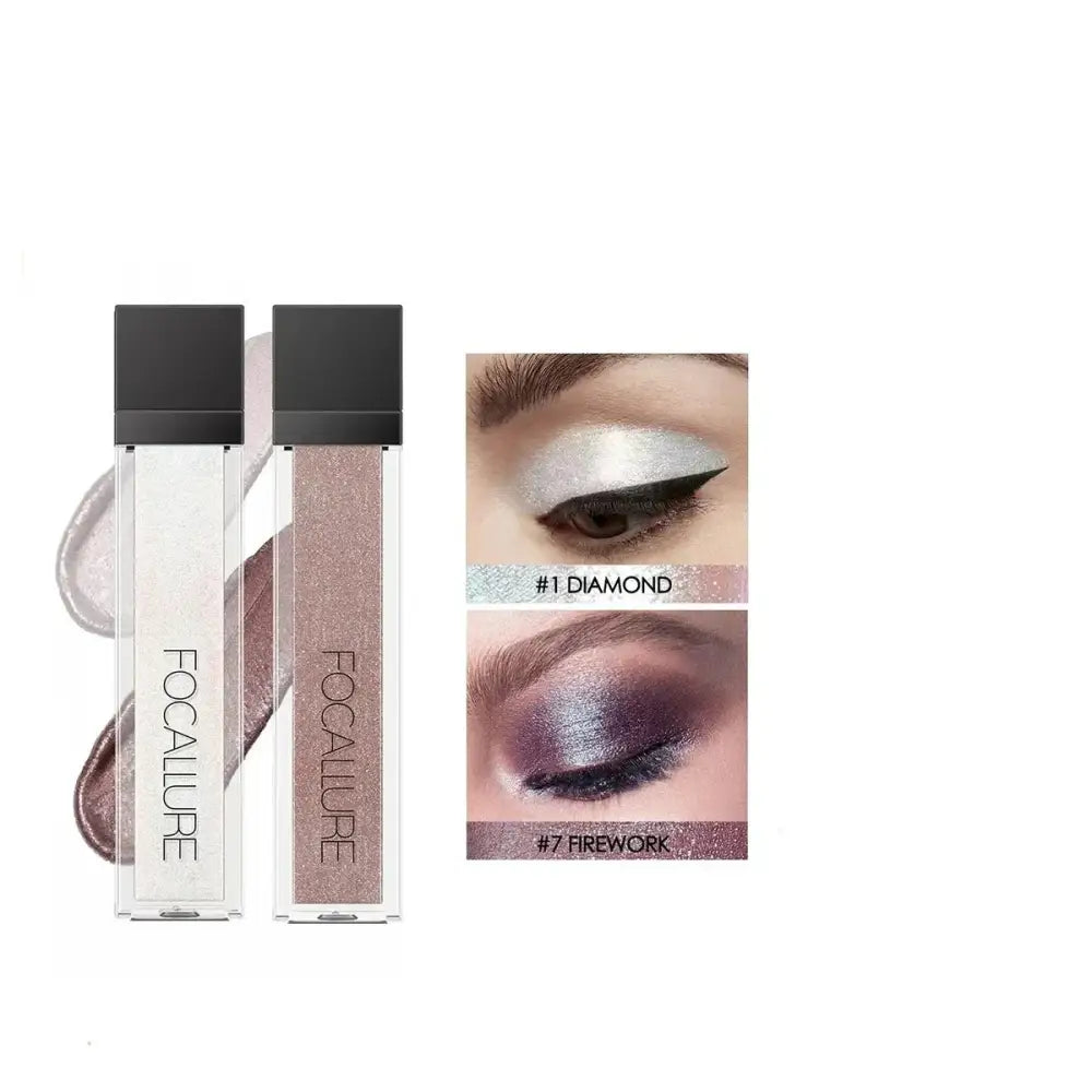 Eyeshadow products with accompanying eye makeup application examples.