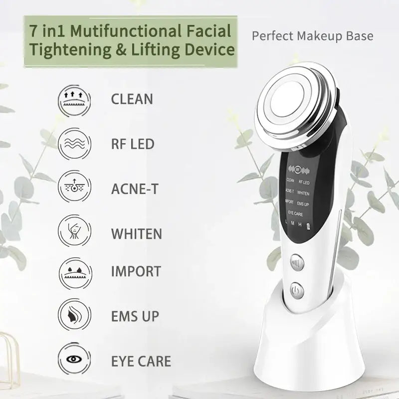 Handheld facial beauty device with multiple functions displayed alongside icons describing its features.