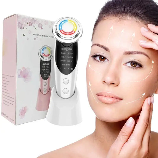 Handheld electronic beauty device with a circular head and colorful LED lights.