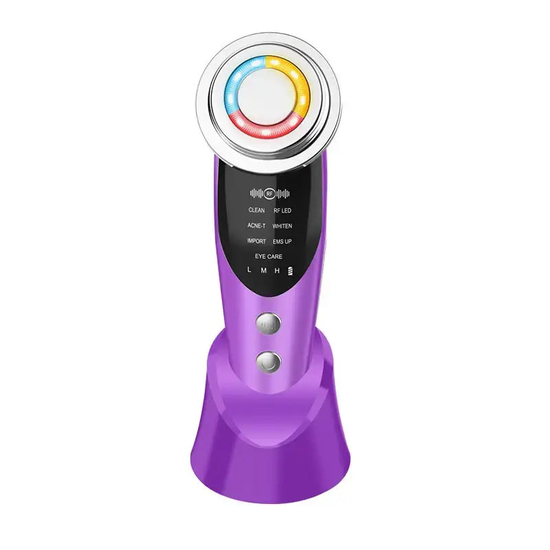 Handheld electronic beauty device with a circular light-up head and purple body.