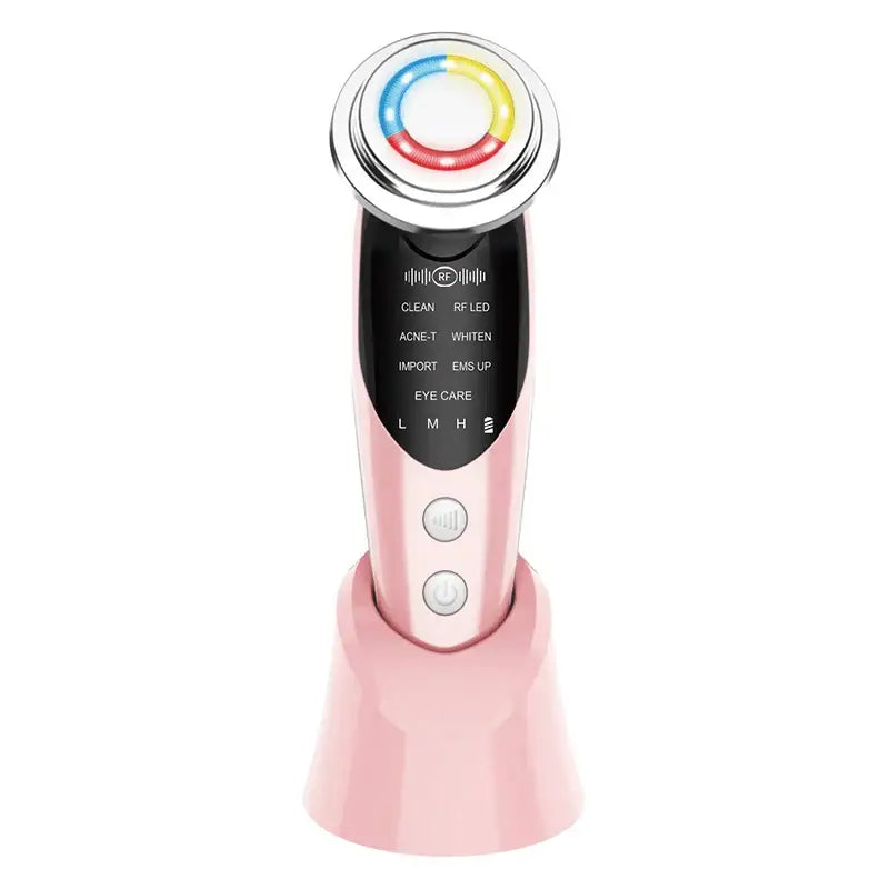 Pink and white handheld beauty device with a circular multi-colored display and control buttons.