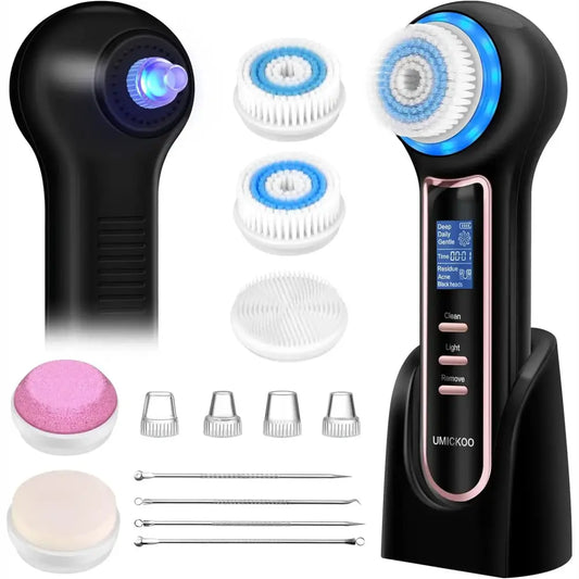 Facial cleansing and exfoliating device with interchangeable brush heads and accessories.