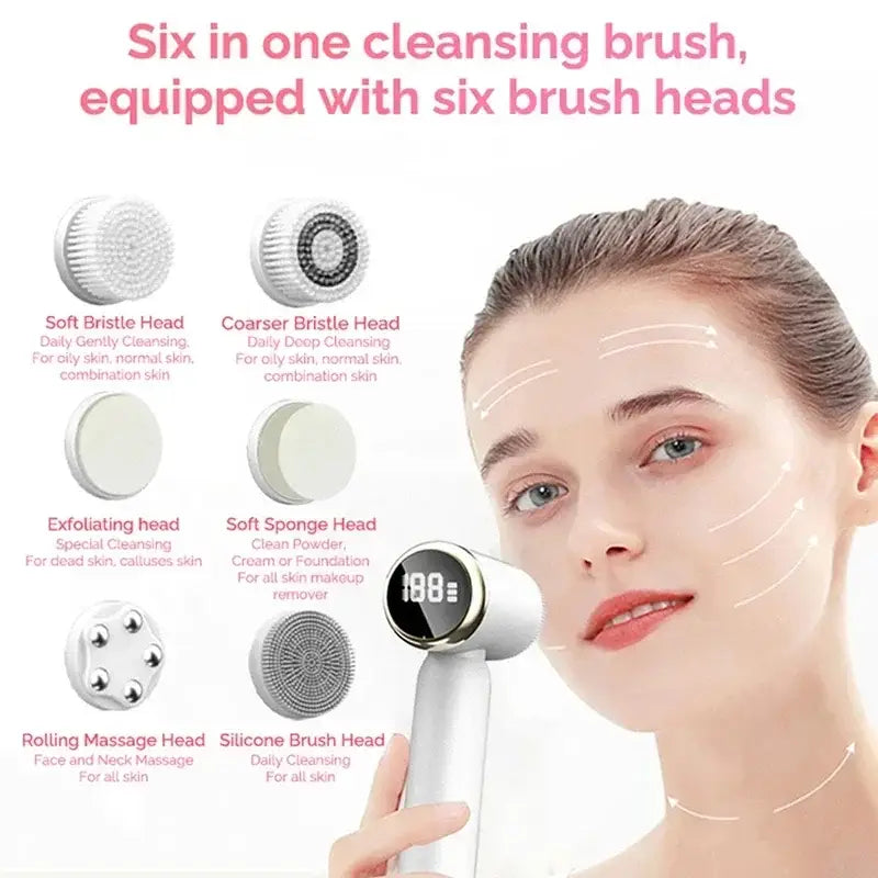 Facial cleansing brush with six interchangeable brush heads for different skincare functions.