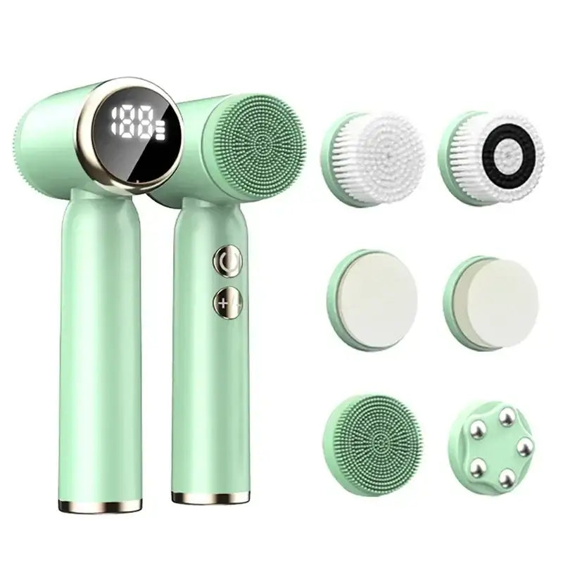 Mint green handheld facial cleansing device with interchangeable brush heads.