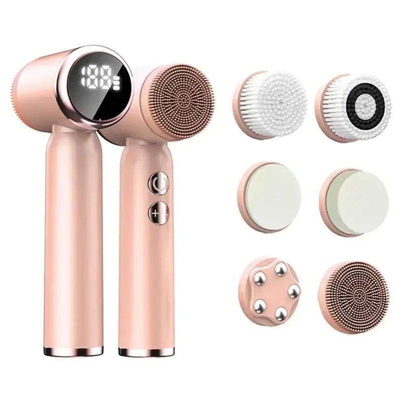 Rose gold facial cleansing and massage device with interchangeable brush heads and a digital display.