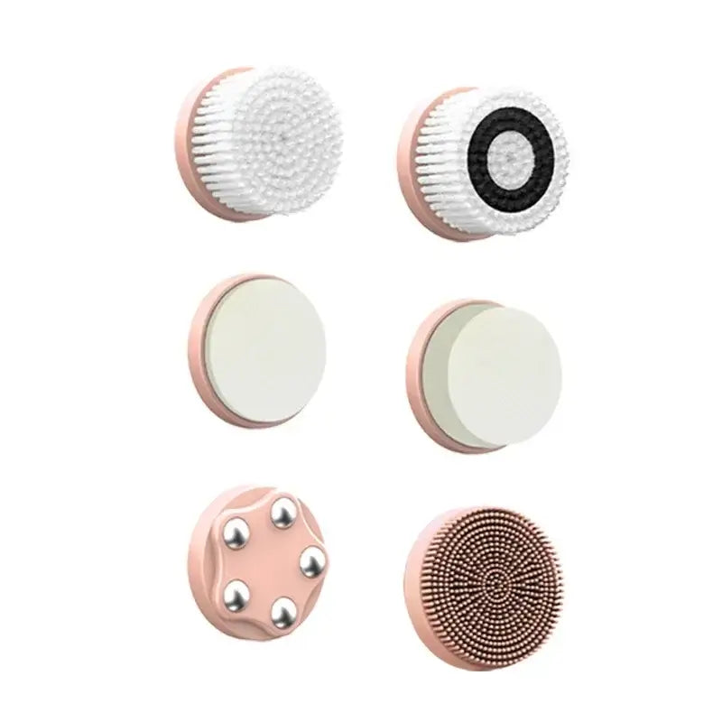 Set of facial cleansing brush heads with different textures and functions.