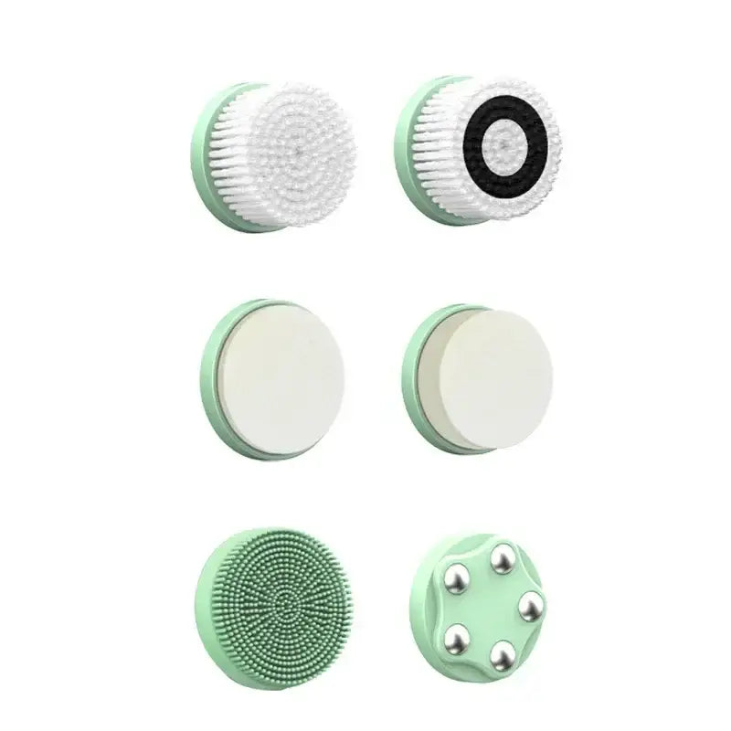 Set of interchangeable facial cleansing brush heads in mint green and white colors.