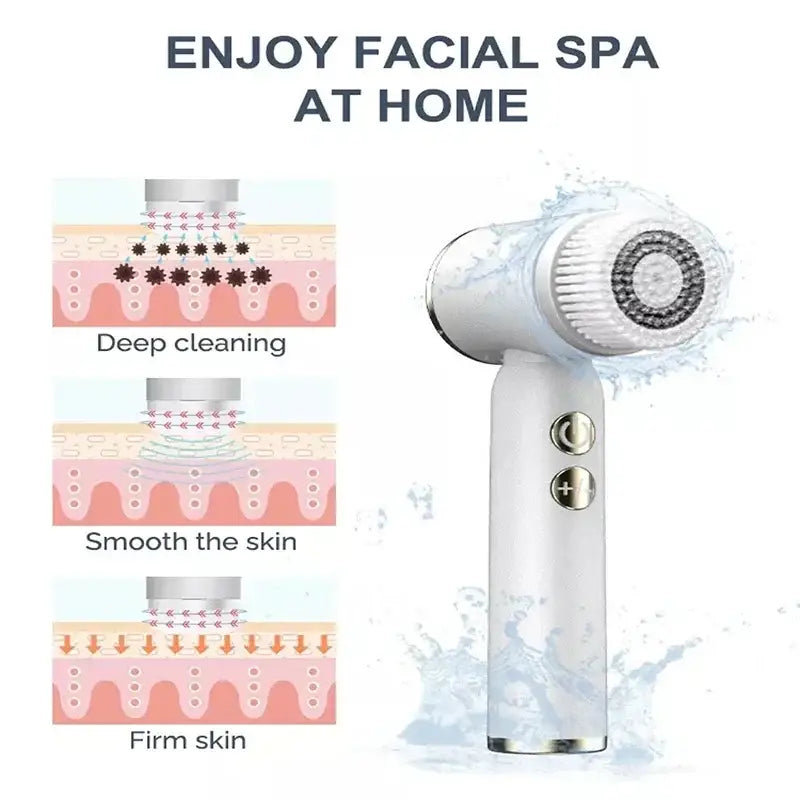 White handheld facial cleansing brush with a round brush head and two control buttons.