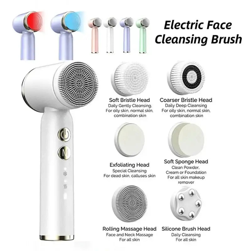 Electric face cleansing brush with multiple interchangeable heads for different skin care functions.