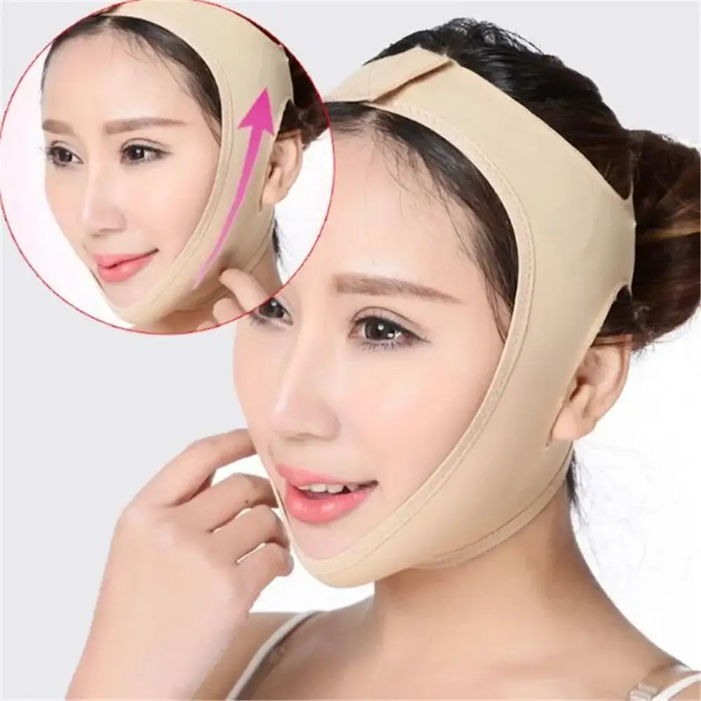 Face-slimming mask or facial compression garment worn by a woman.