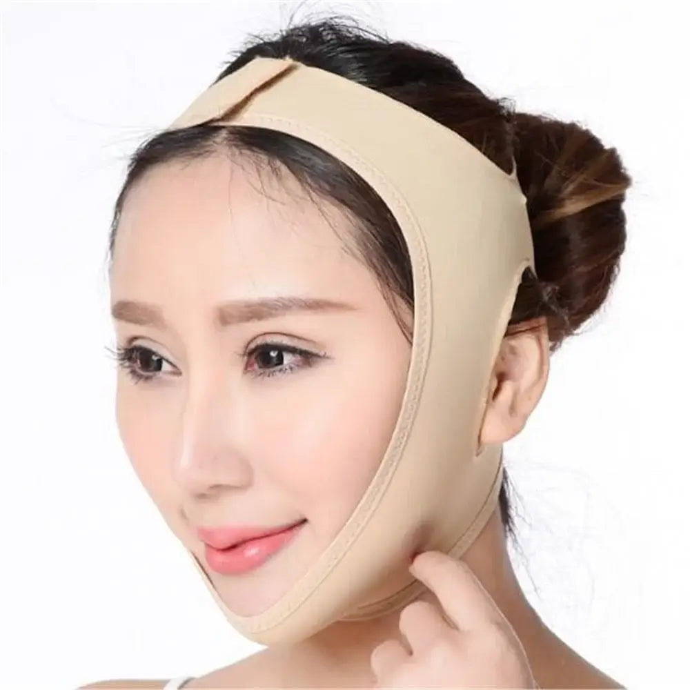 Facial compression garment or post-surgery recovery mask worn by a woman.