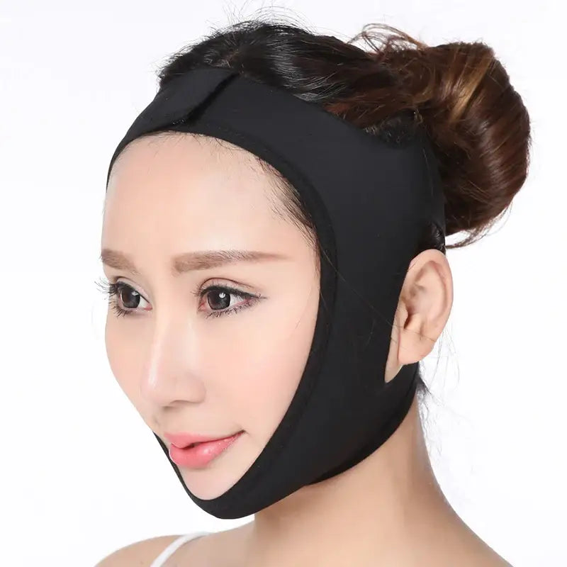 Face-slimming strap or chin wrap worn by a person.