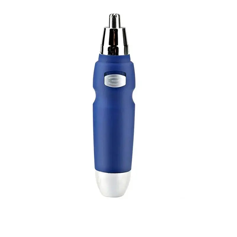 Blue and white electric nose and ear hair trimmer with a metallic tip.