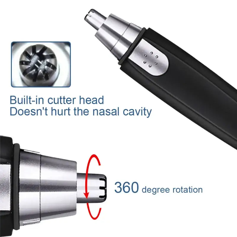 Nose hair trimmer with a built-in cutter head and 360-degree rotation capability.